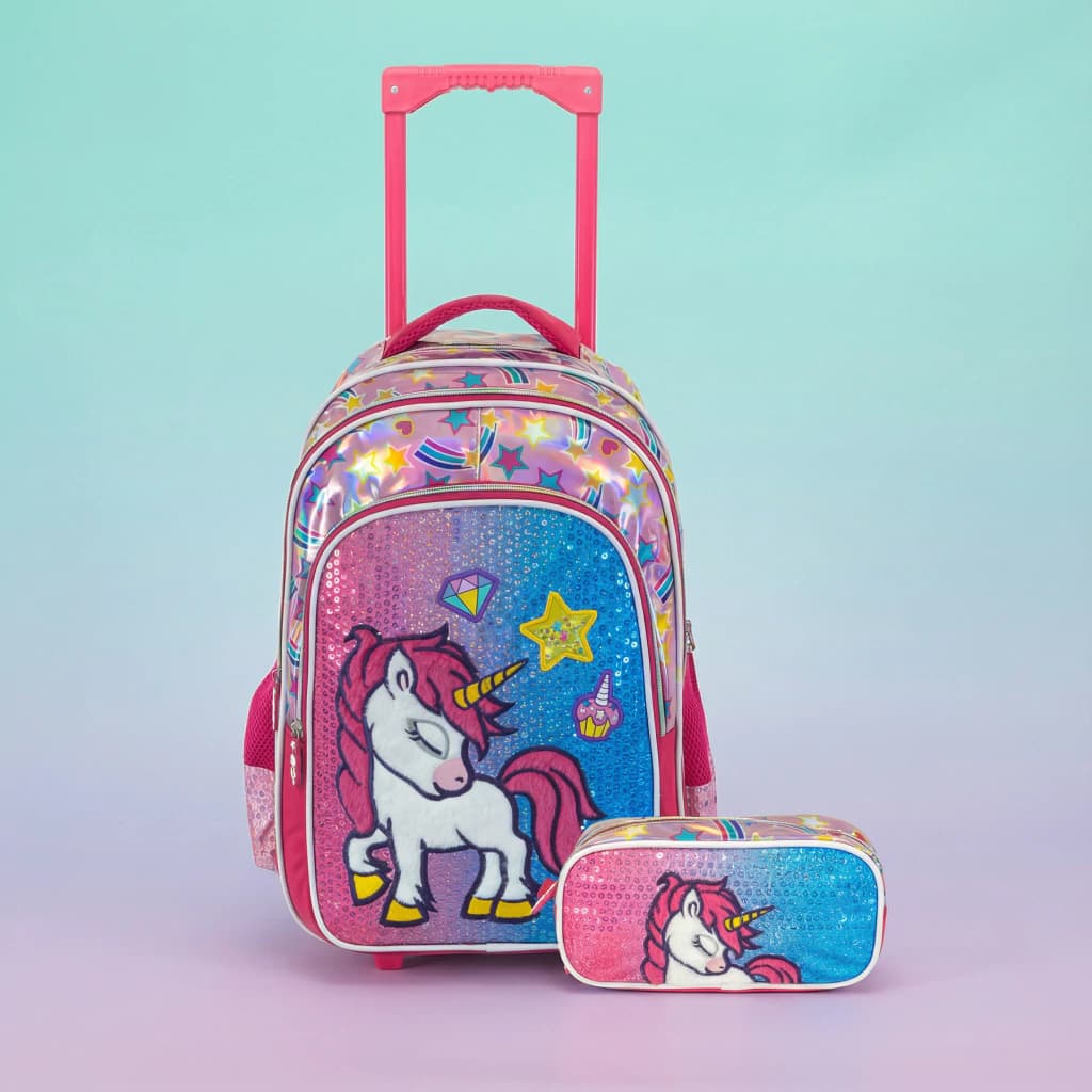 Kit Escolar | Mochila Carro + Cartuchera + Funda — Rosa Diamante / Liso