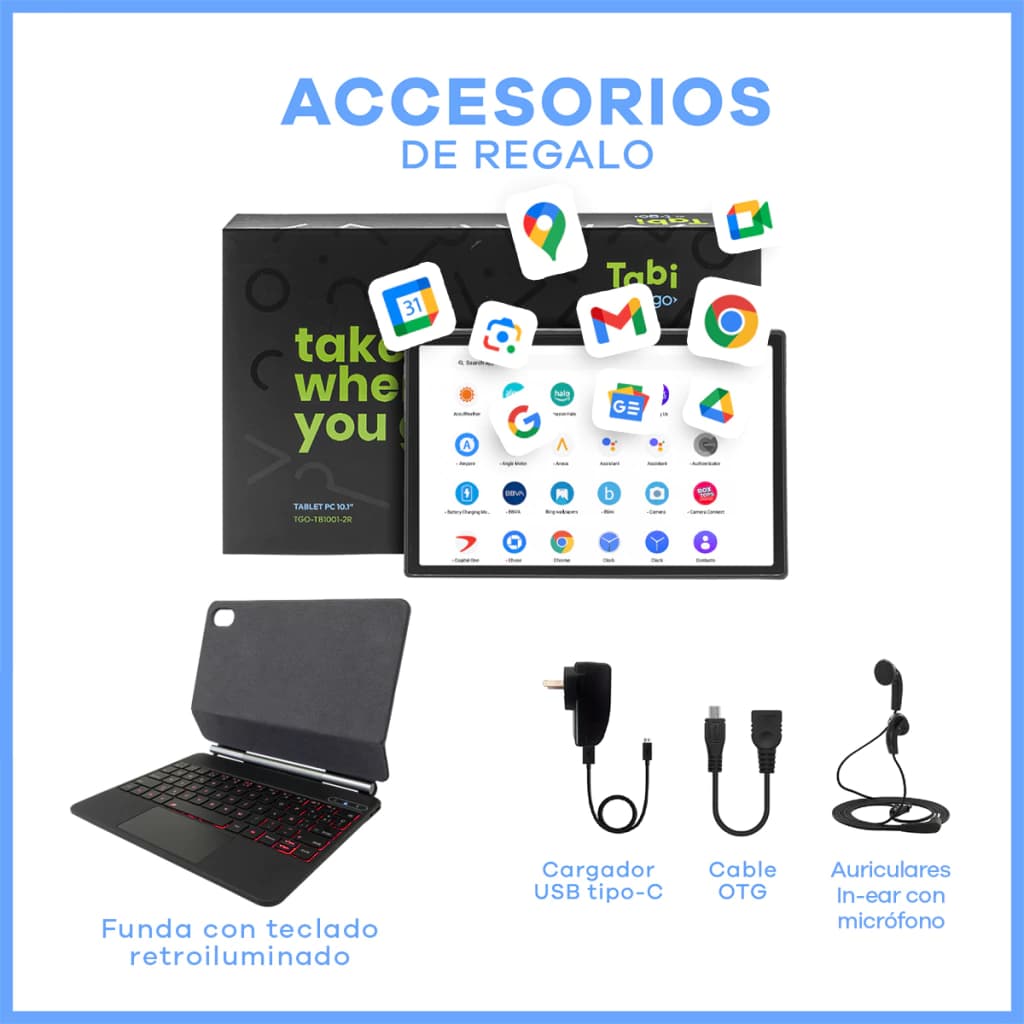 Tablet T-GO Atlas 10" Android 14 con Funda Magnética y Teclado — GRIS