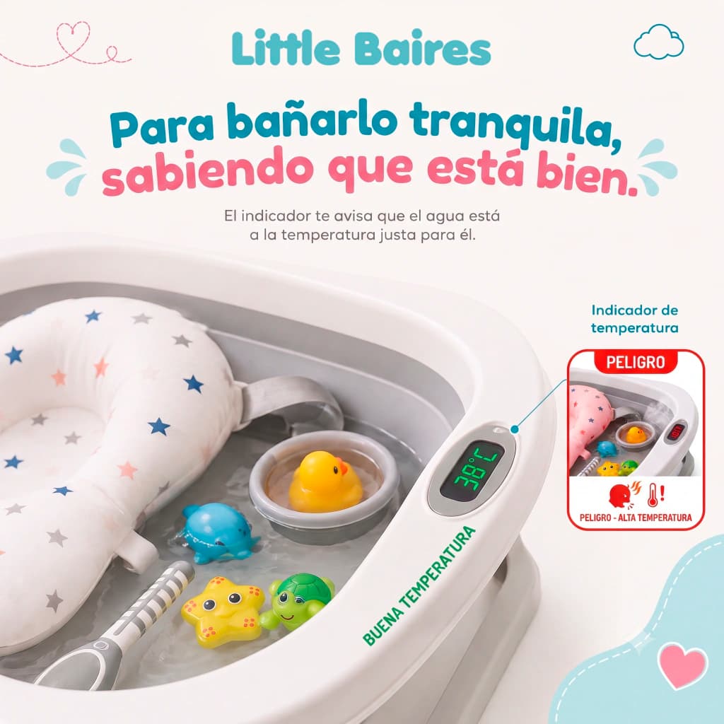 Kit Bañera Plegable XL con Termómetro y Accesorios | 5 en 1 — Gris