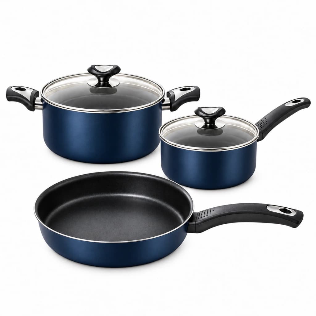 Set Batería Cocina Marmicoc 5 Piezas Antiadherente Ollas 24/20cm Sartén 2 Tapas — Azul + Negro
