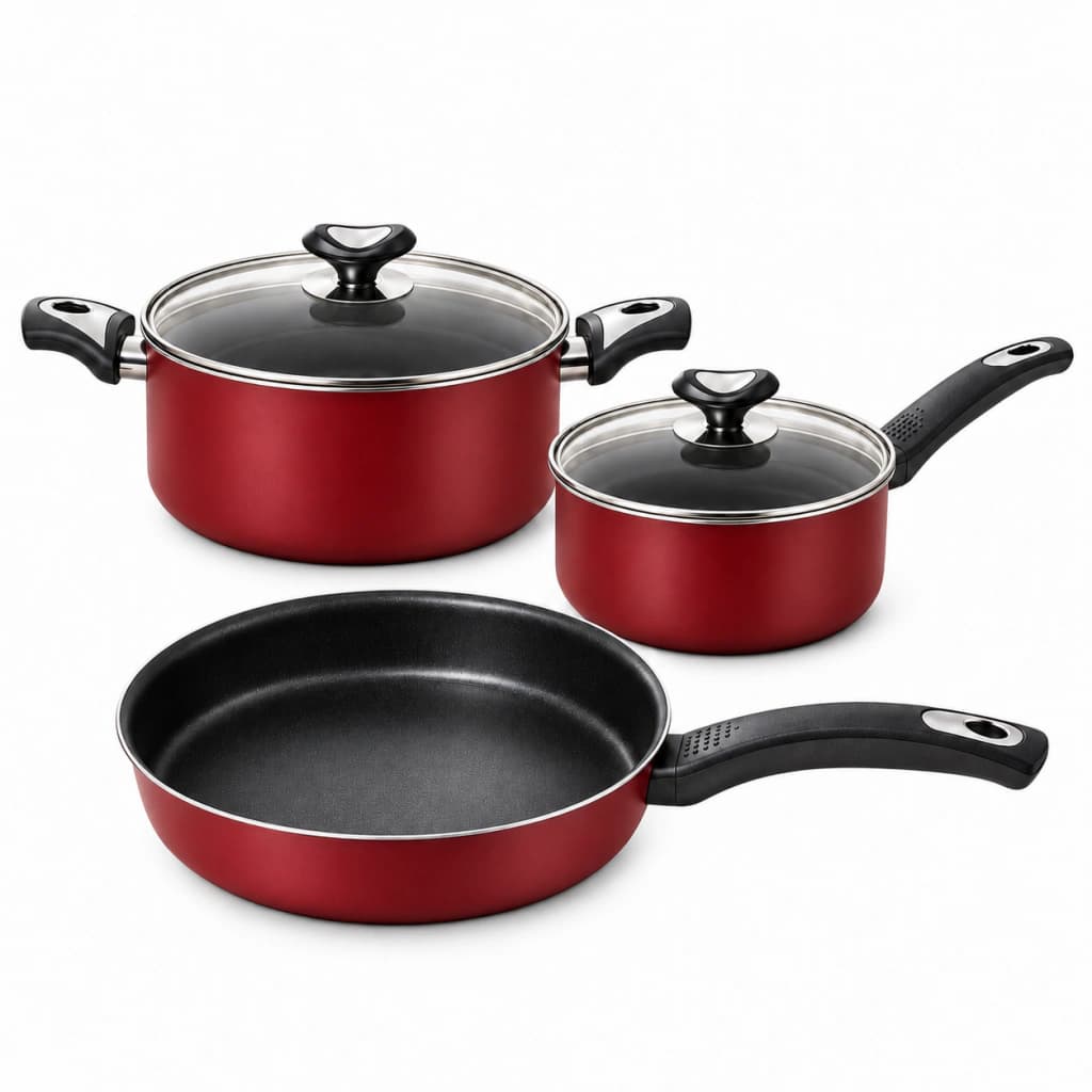 Set Batería Cocina Marmicoc 5 Piezas Antiadherente Ollas 24/20cm Sartén 2 Tapas — Rojo + Negro