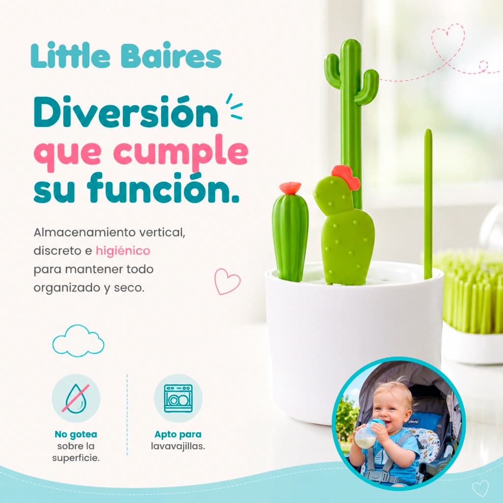 Set Cepillos Limpia Mamaderas Cactus + Organizador | 4 en 1