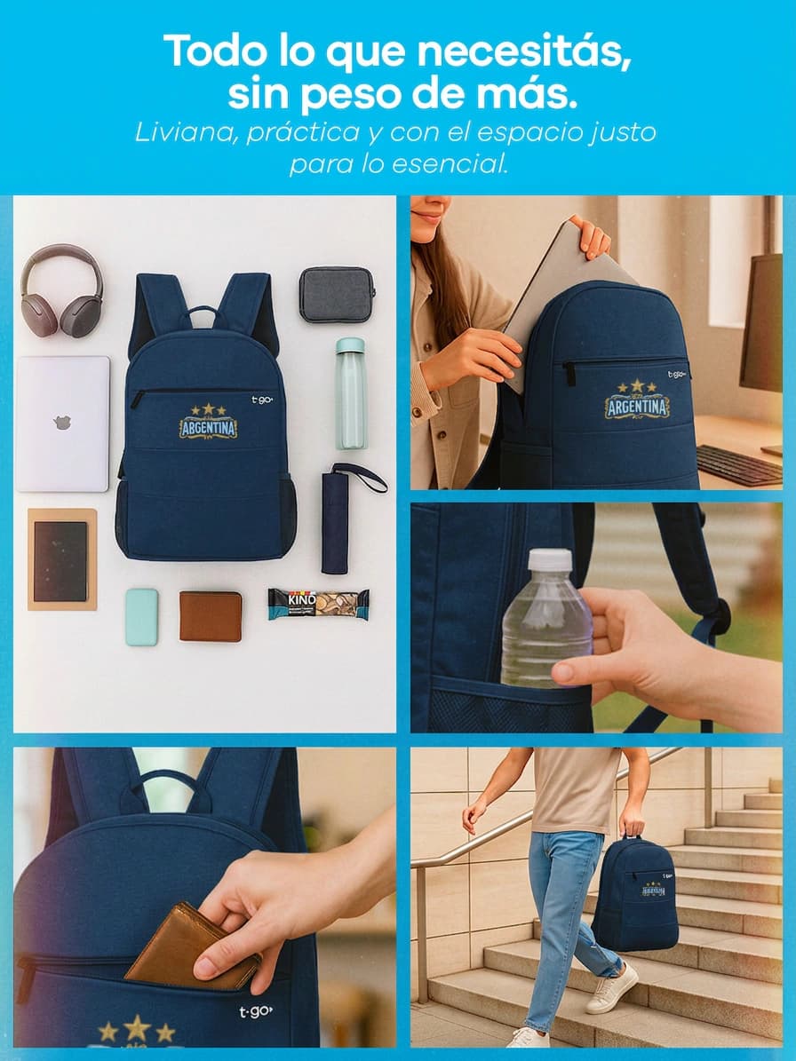 Mochila Porta Notebook Argentina | T-GO — Celeste Negro 2026