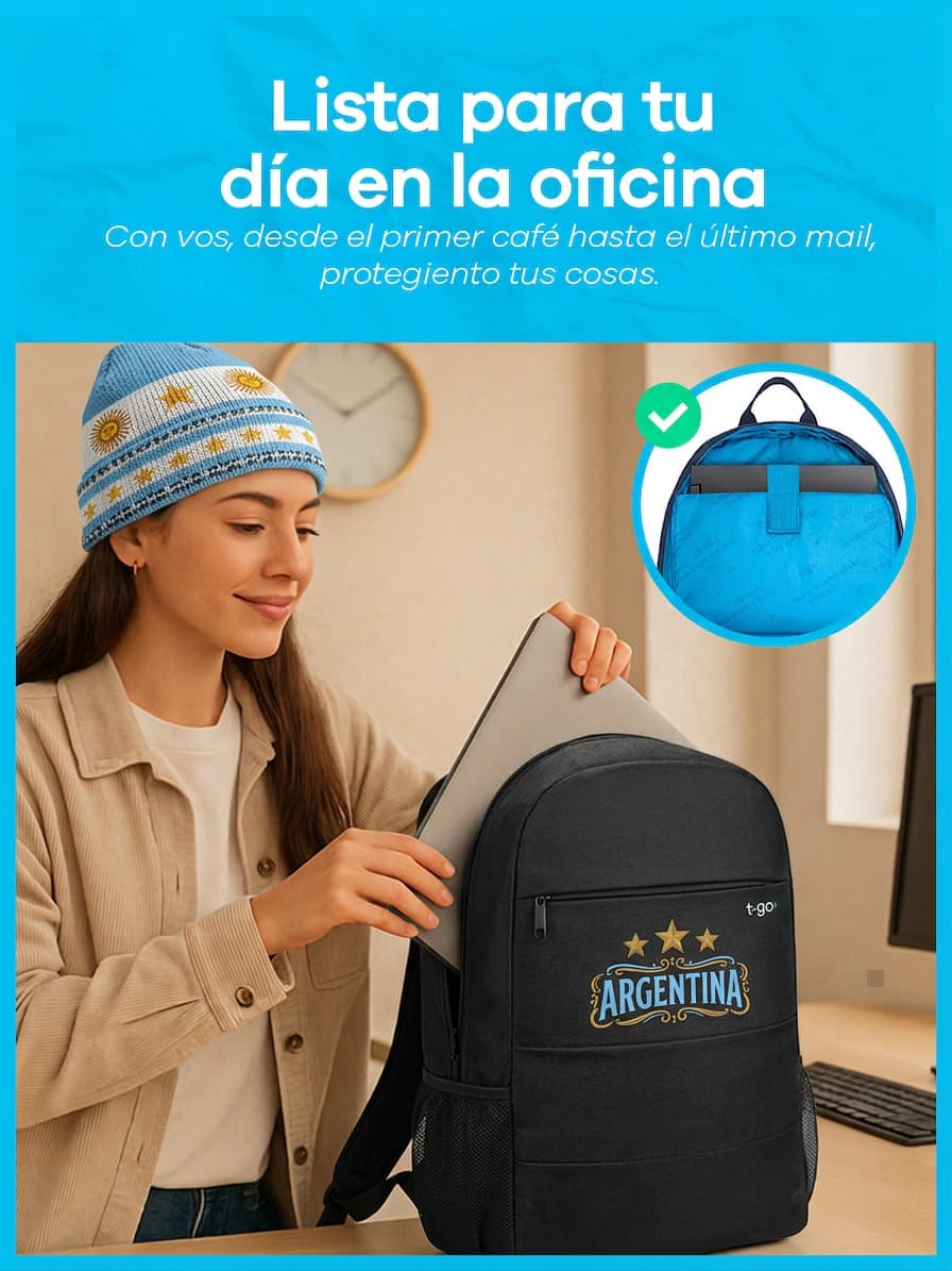 Mochila Porta Notebook Argentina | T-GO — Celeste Negro 2026
