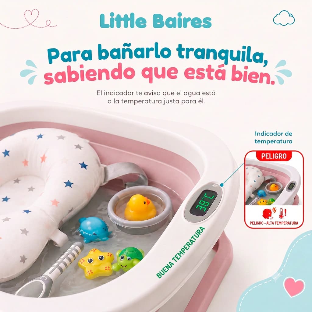 Kit Bañera Plegable XL con Termómetro y Accesorios | 5 en 1 — Gris