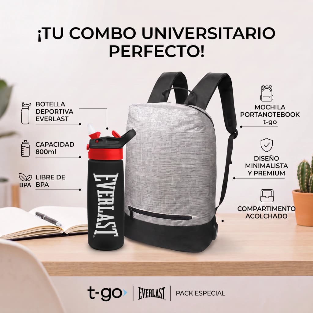 Combo Universitario: Mochila T-go Portanotebook + Botella Everlast