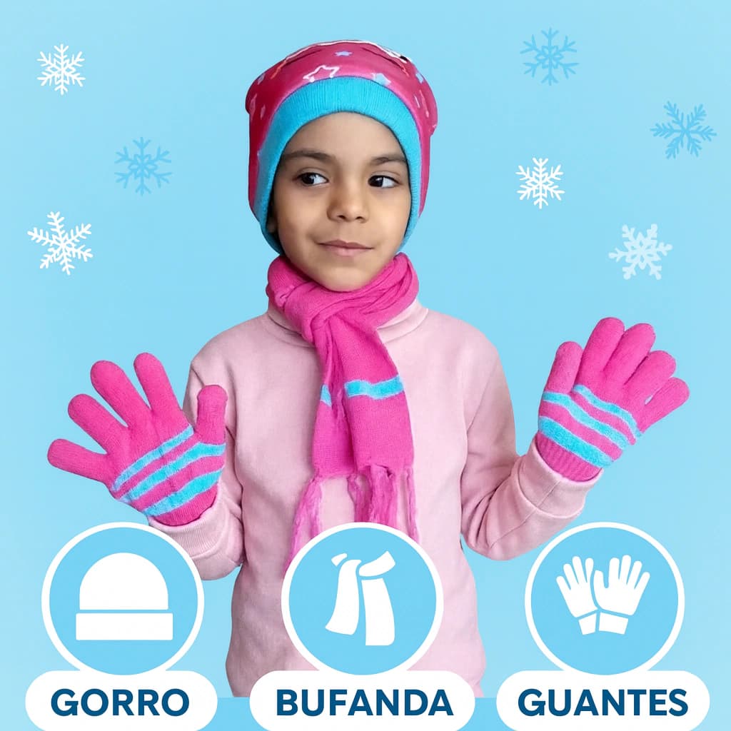 Set Invierno Niños Gorro + Bufanda + Guantes Trendy | Abrigo Suave — Fucsia / Único