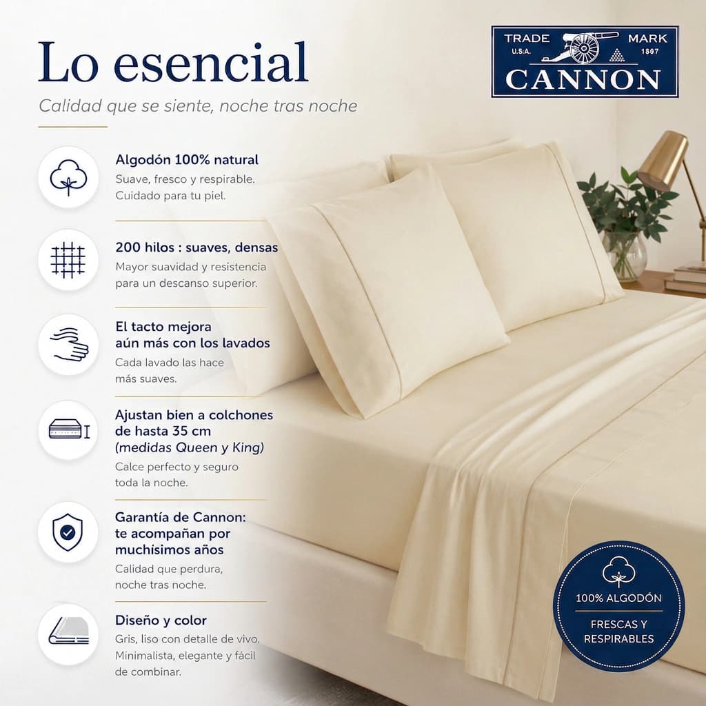Juego de Sábanas Twin 200 Hilos | 100% Algodón Premium | Cannon Colors — Crema