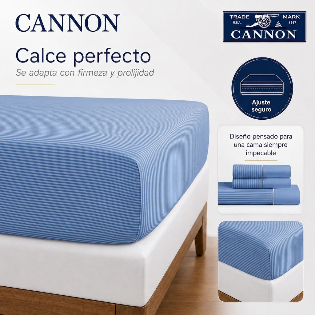 Juego de Sábanas 2 Plazas 200 Hilos | 100% Algodón Premium | Cannon Classic — Blanco Rayado