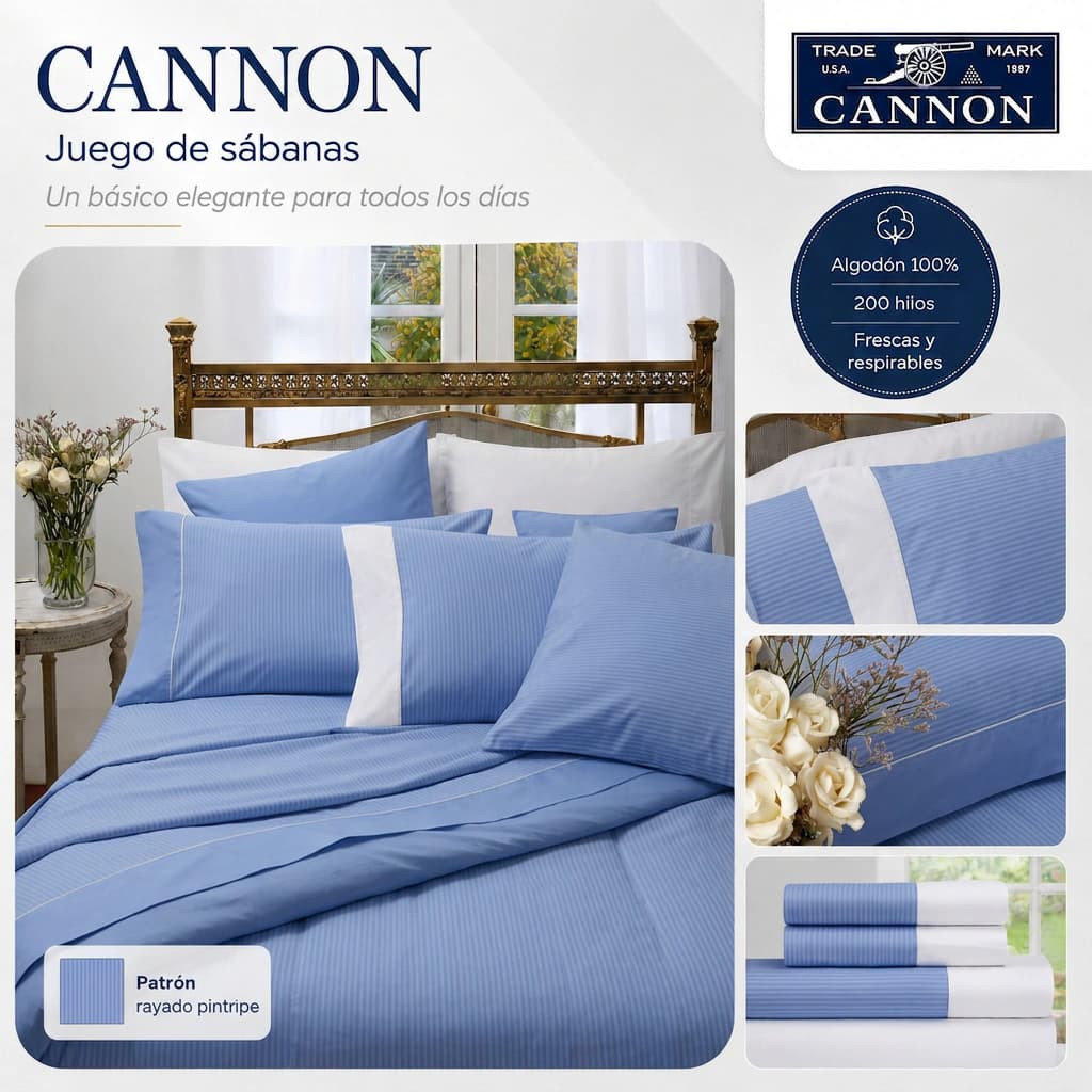 Juego de Sábanas Queen Size 200 Hilos | 100% Algodón Premium | Cannon Classic — Gris Rayado