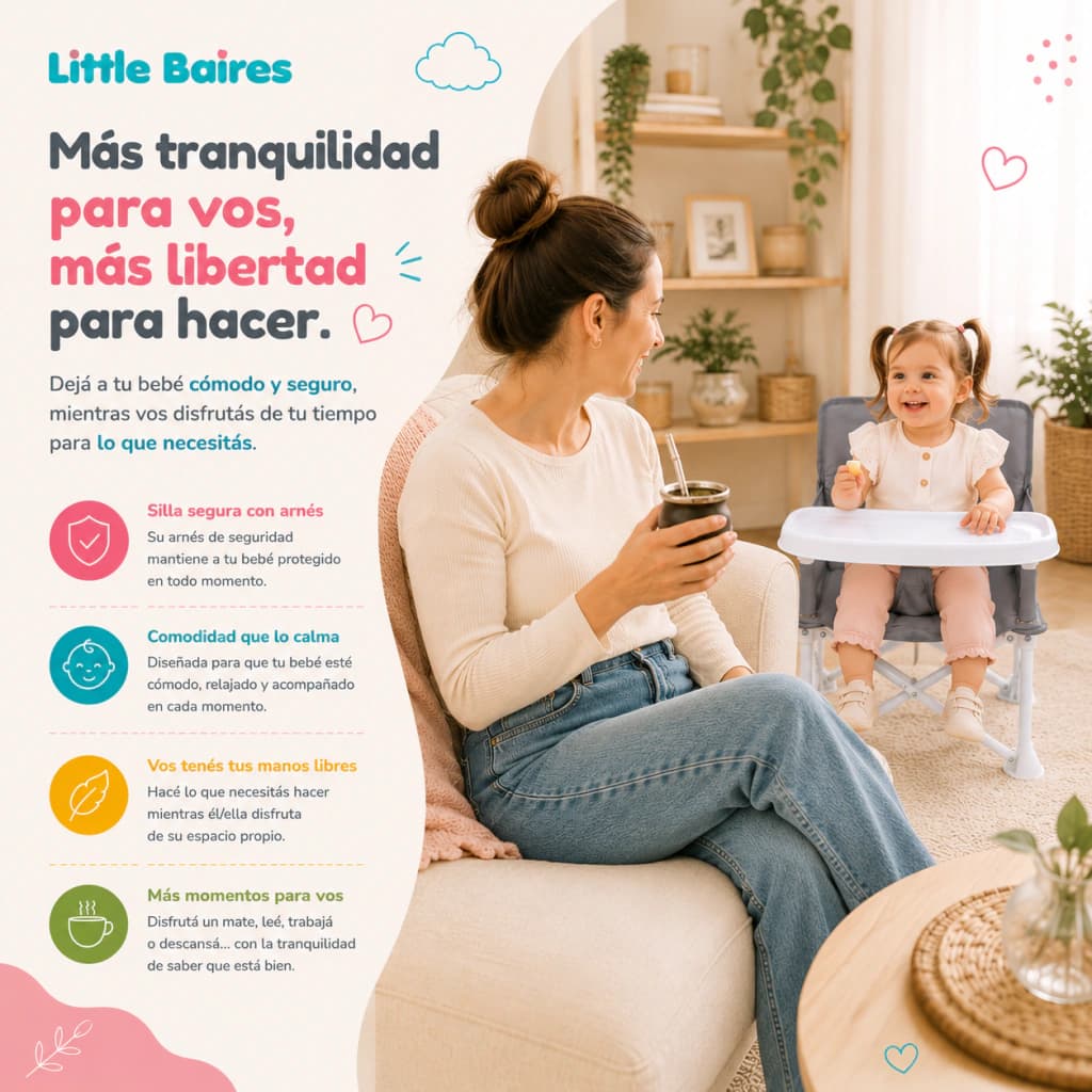 Silla de Comer Plegable Bebé Portátil con Bandeja | Little Baires — Gris