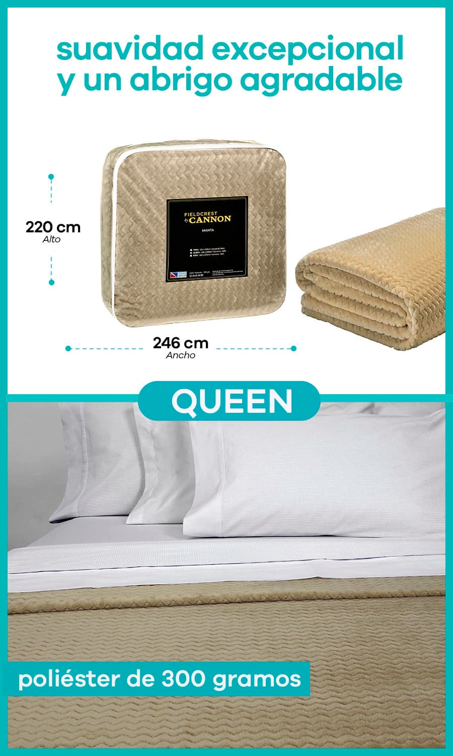 Manta De Microfibra Cannon Original Suave Y Calentita medida QUEEN — Beige