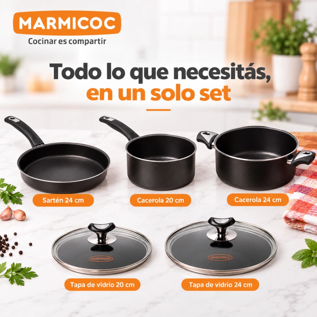 Set Batería Cocina Marmicoc 5 Piezas Antiadherente Ollas 24/20cm Sartén 2 Tapas — Negro