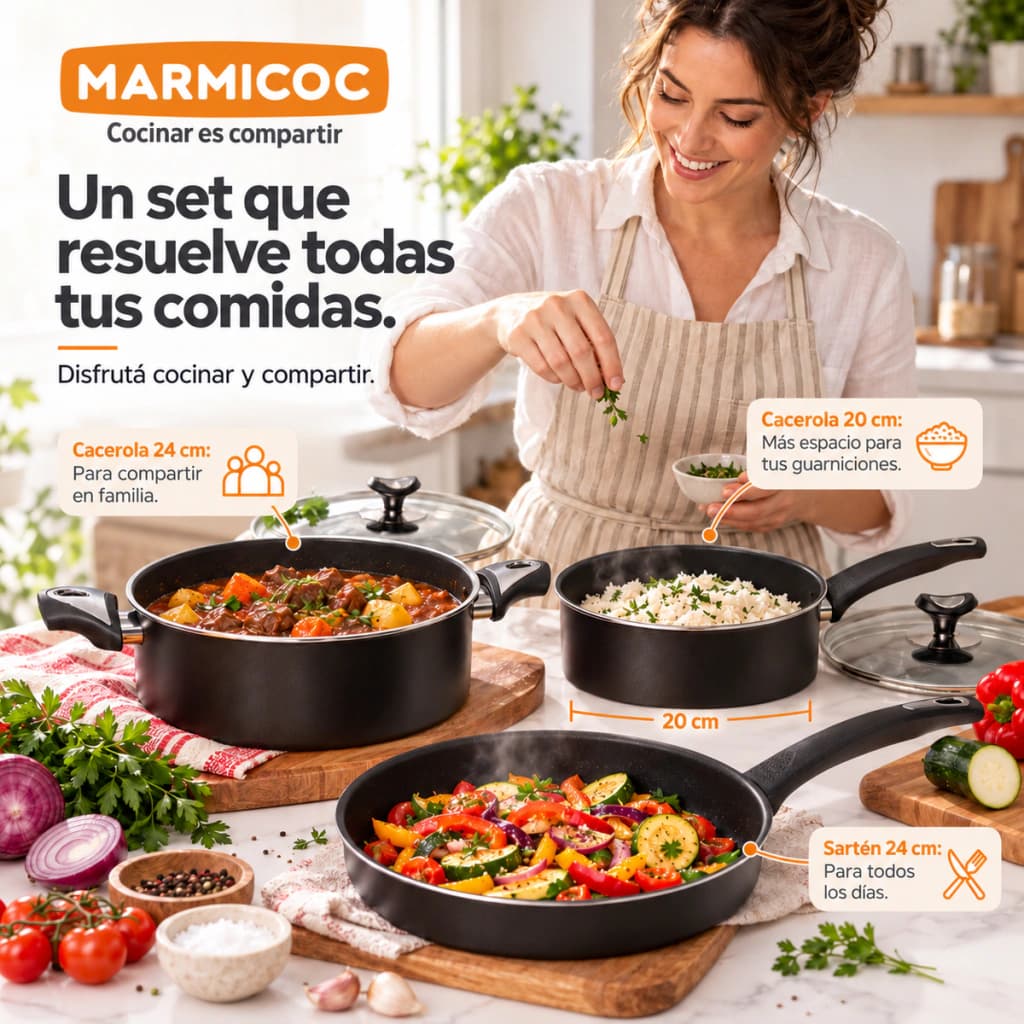 Set Batería Cocina Marmicoc 5 Piezas Antiadherente Ollas 24/20cm Sartén 2 Tapas — Negro
