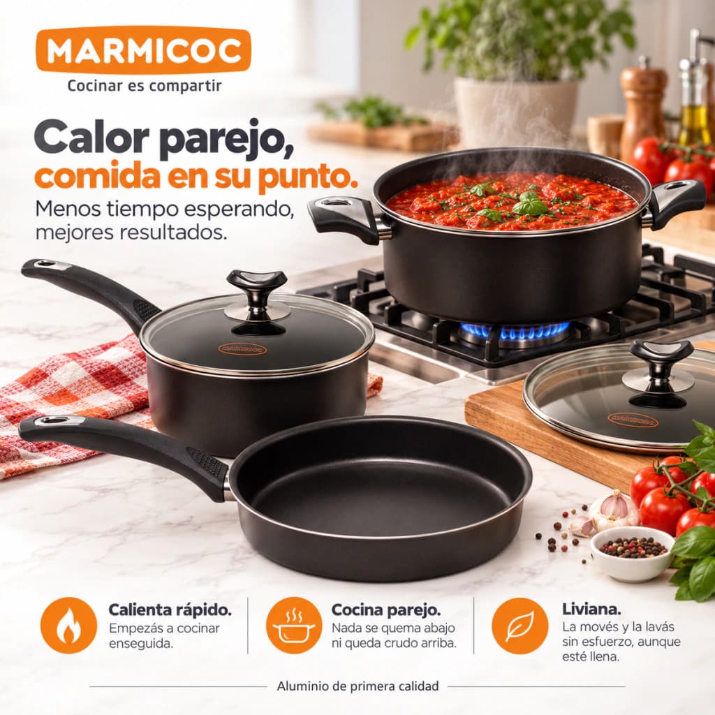 Set Batería Cocina Marmicoc 5 Piezas Antiadherente Ollas 24/20cm Sartén 2 Tapas — Negro