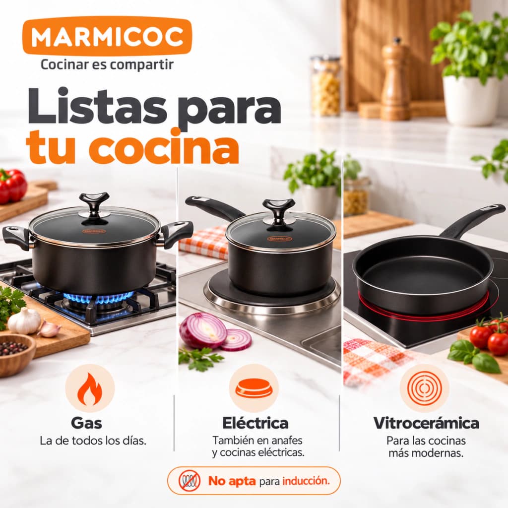 Set Batería Cocina Marmicoc 5 Piezas Antiadherente Ollas 24/20cm Sartén 2 Tapas — Negro
