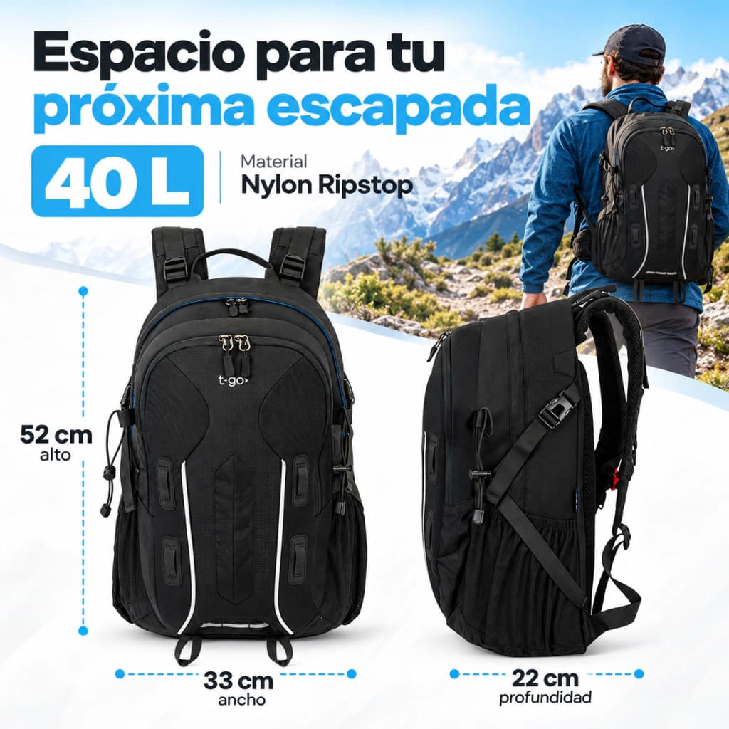 Mochila T-Go 40 L Trekking con Cobertor de Lluvia y Silbato de Emergencia + Parlante Tech de regalo