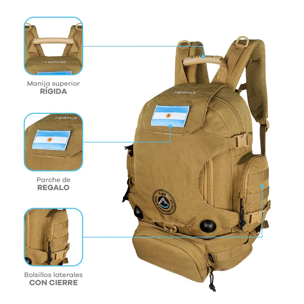 Mochila Táctica 35L T-GO Explore 2 en 1 con Riñonera — Camel
