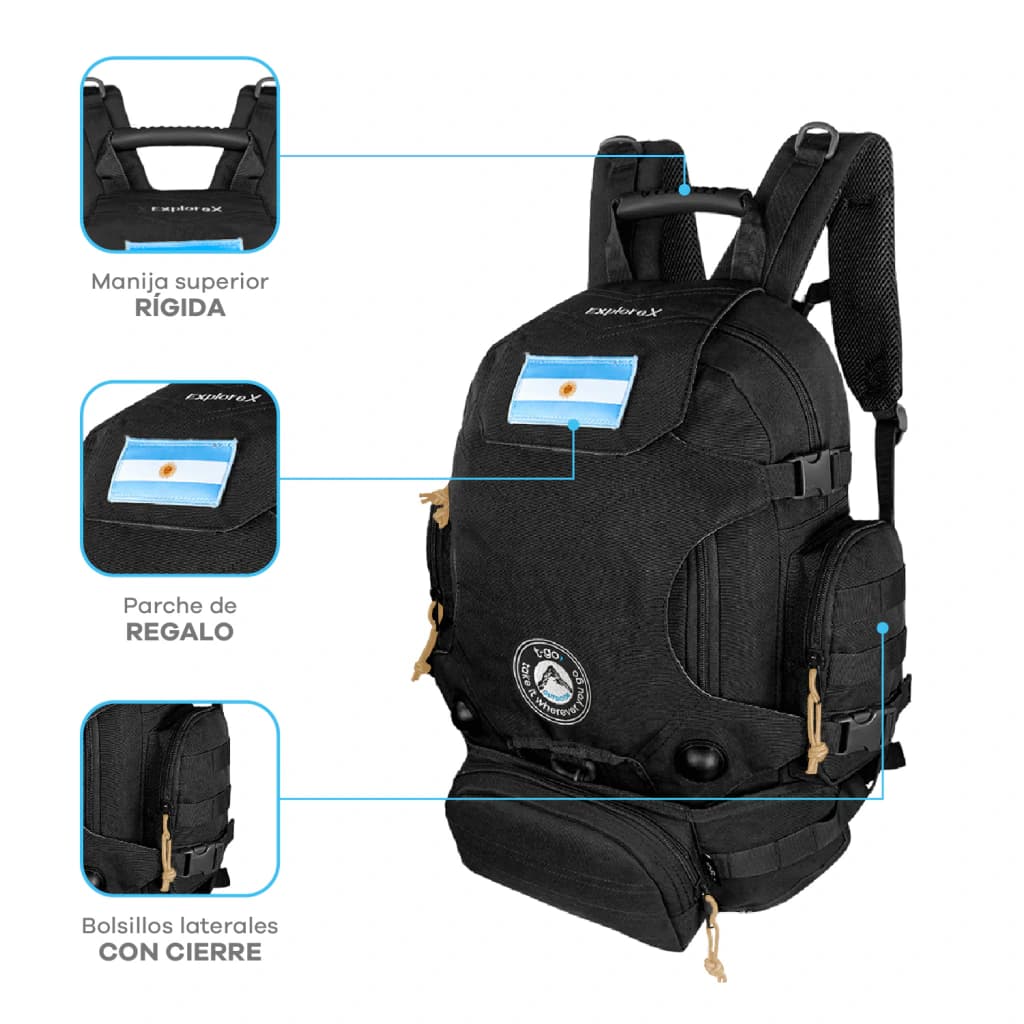 Mochila Táctica 35L T-GO Explore 2 en 1 con Riñonera — Negro