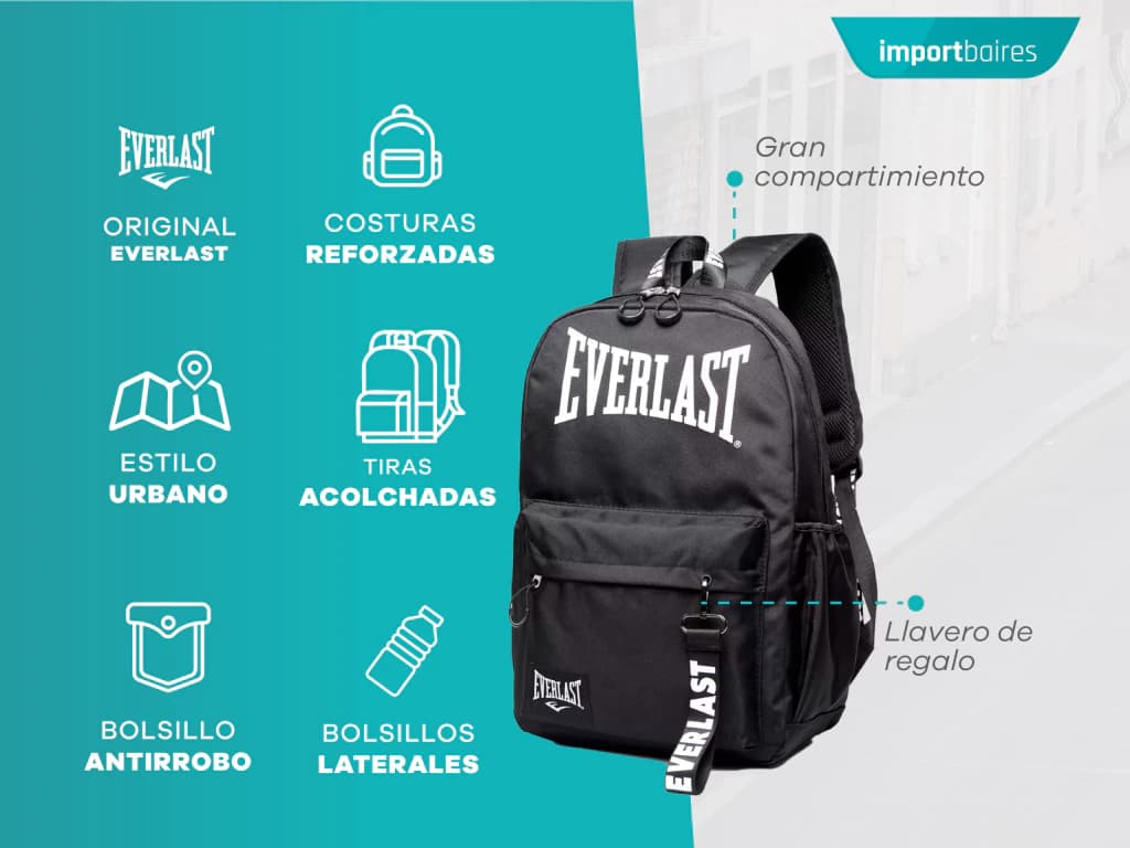 Mochila Escolar Urbana + Llavero | Everlast — Negro / Liso
