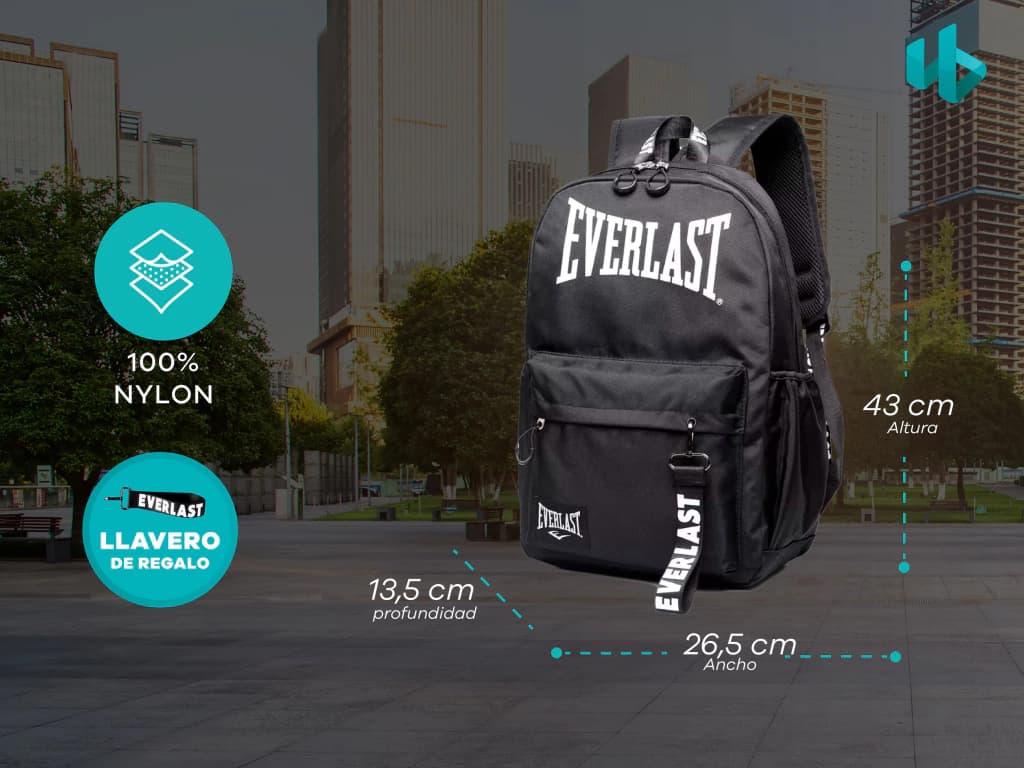 Mochila Escolar Urbana + Llavero | Everlast — Negro / Liso