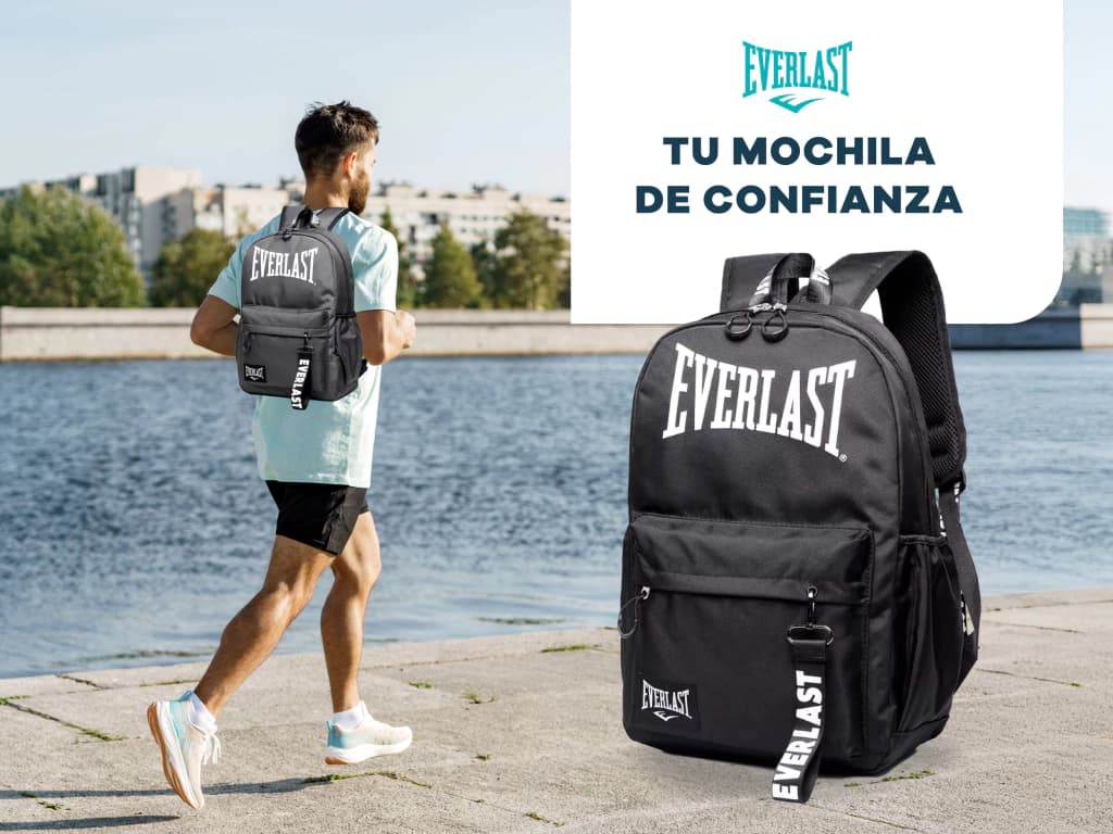 Mochila Escolar Urbana + Llavero | Everlast — Negro / Liso
