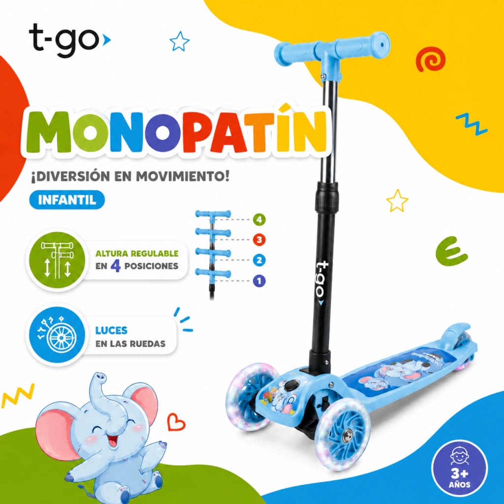 Monopatín T-go Infantil 3 Ruedas con Luces LED | 4 Alturas — Celeste