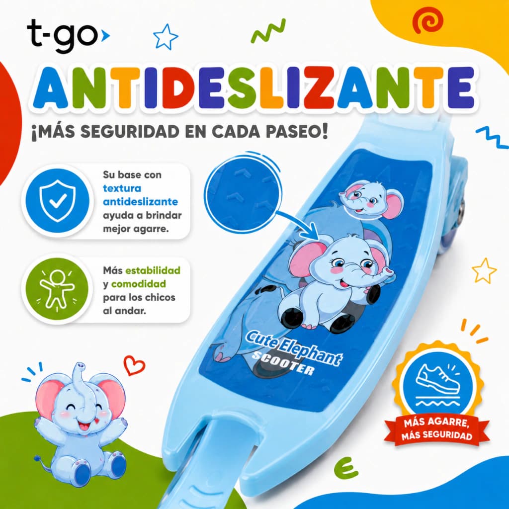 Monopatín T-go Infantil 3 Ruedas con Luces LED | 4 Alturas — Celeste