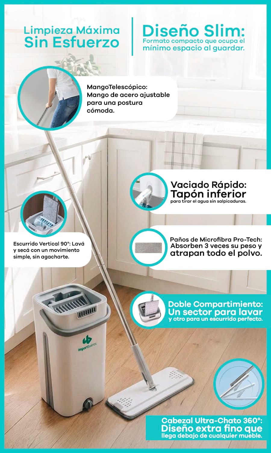 Mopa Plana Inteligente con Balde Doble | Simple Home — Gris