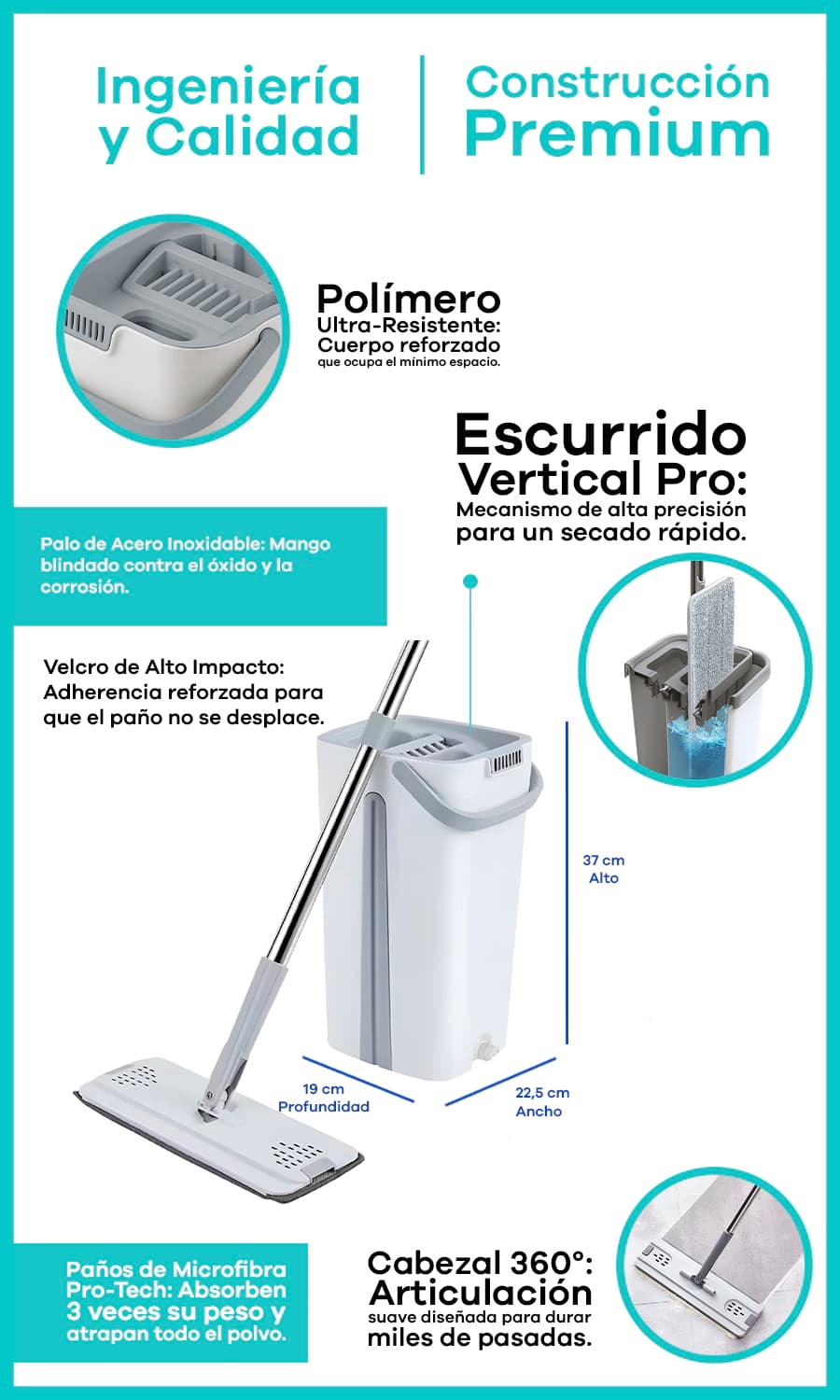 Mopa Plana Inteligente con Balde Doble | Simple Home — Gris