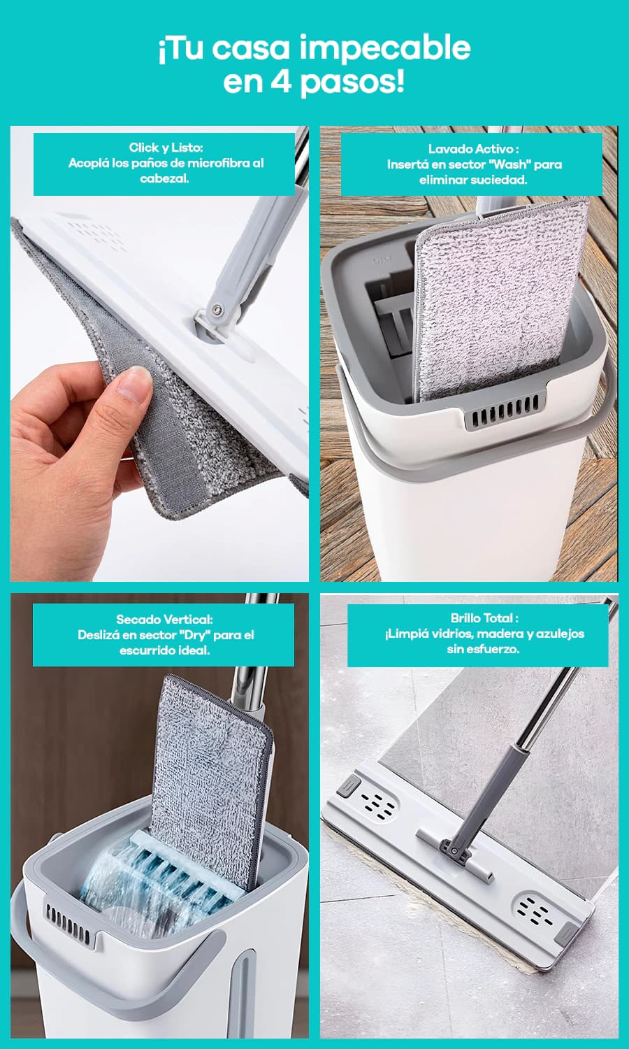 Mopa Plana Inteligente con Balde Doble | Simple Home — Gris