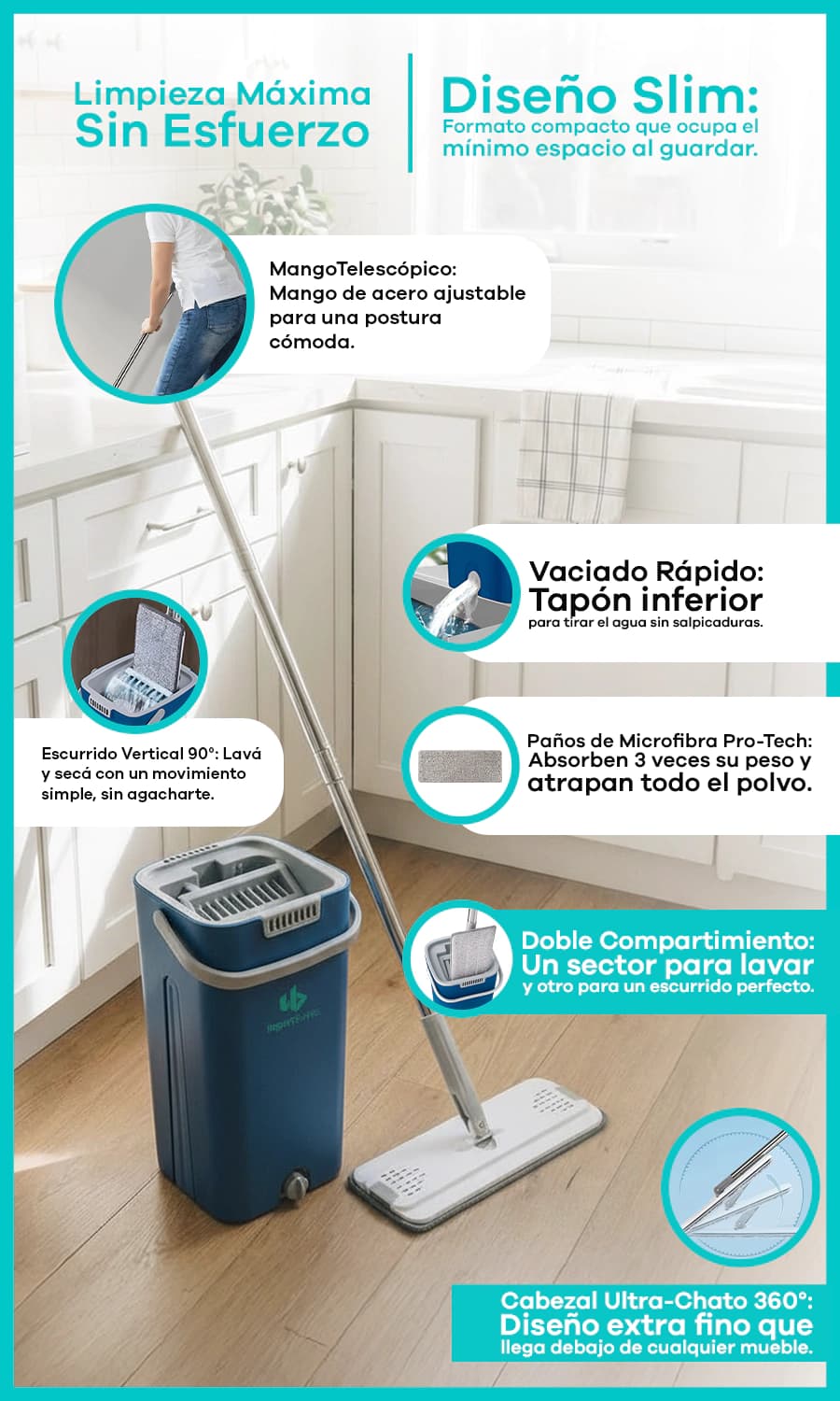 Mopa Plana Inteligente con Balde Doble | Simple Home — Gris