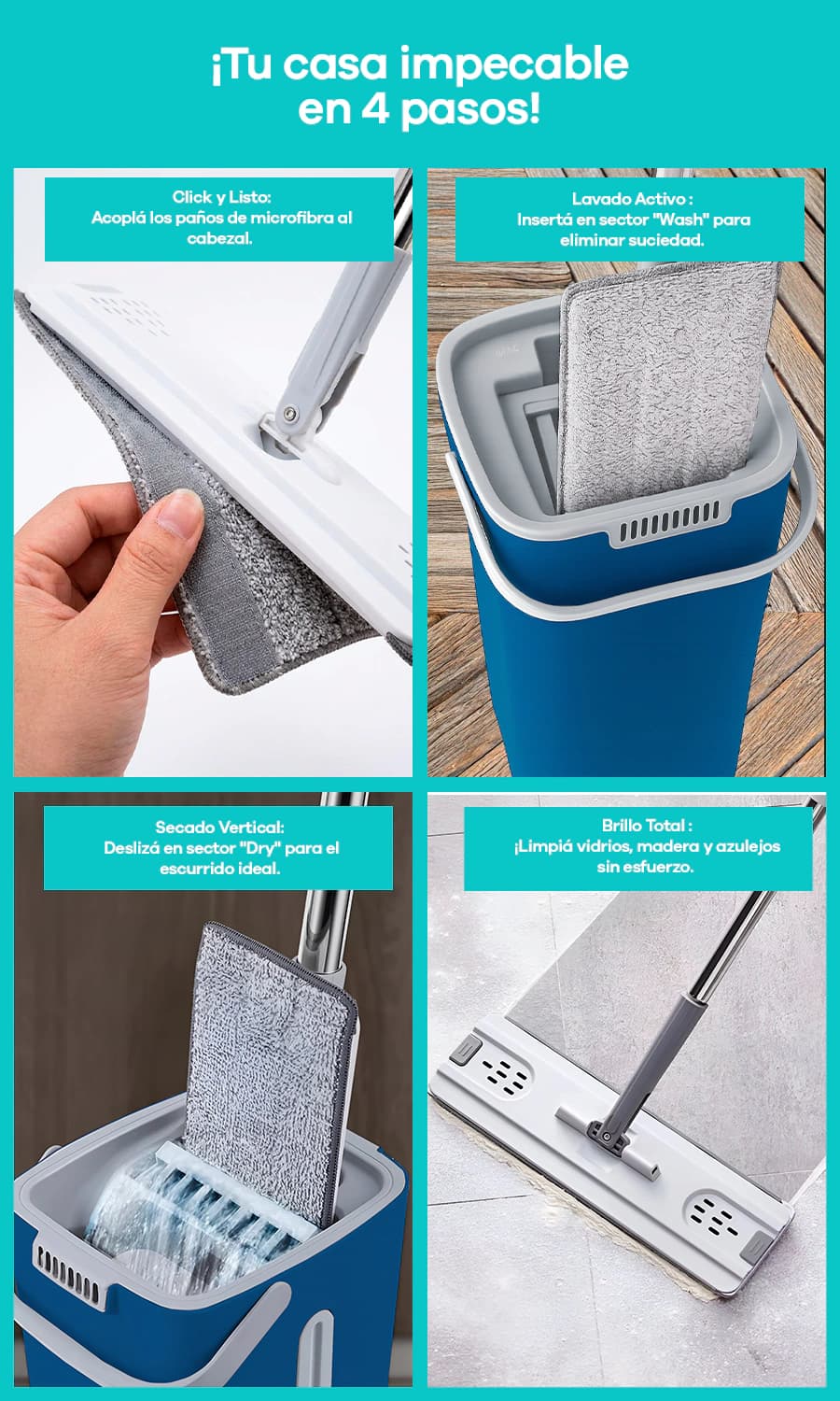 Mopa Plana Inteligente con Balde Doble | Simple Home — Gris