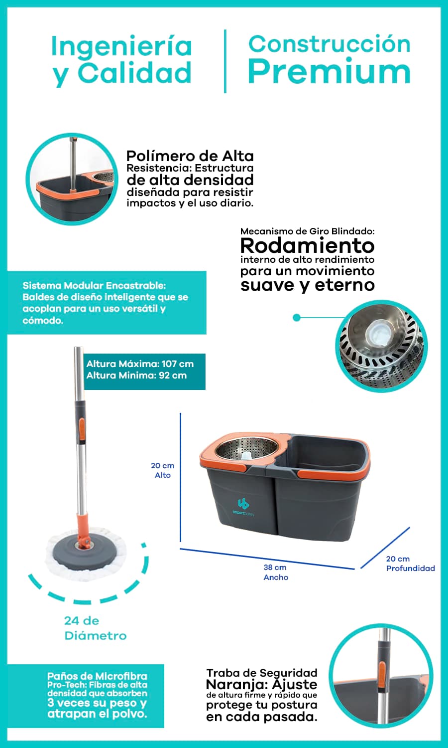 Mopa Centrífuga 360° con Balde Modular Encastrable | Simple Home