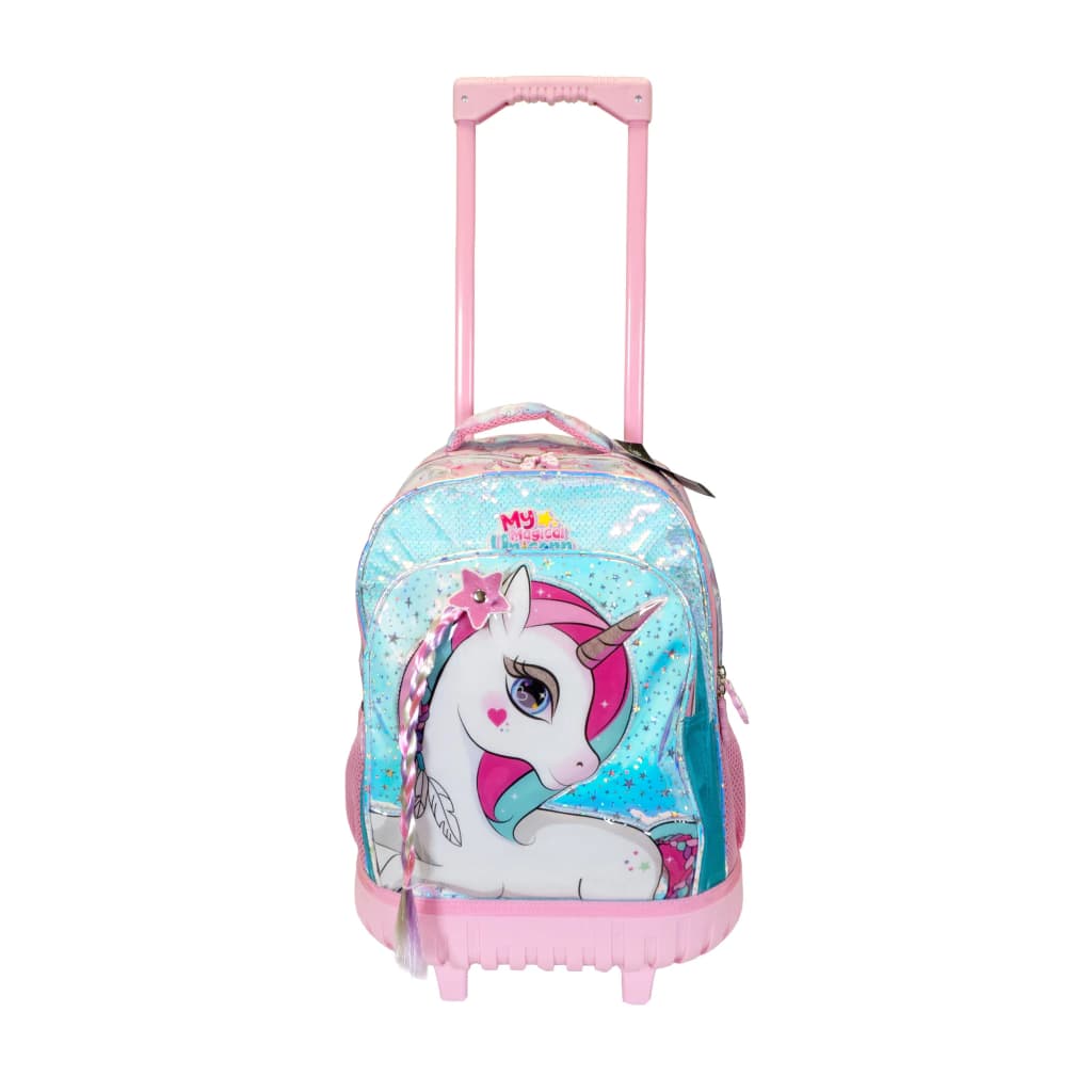 Mochila Escolar Carrito Unicornio 3D con Trenza T-Go | Base Rígida y Ruedas Silicona