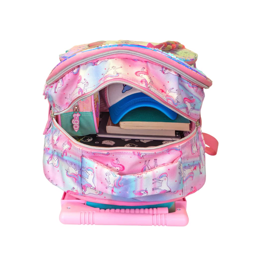 Mochila Escolar Carrito Unicornio 3D con Trenza T-Go | Base Rígida y Ruedas Silicona