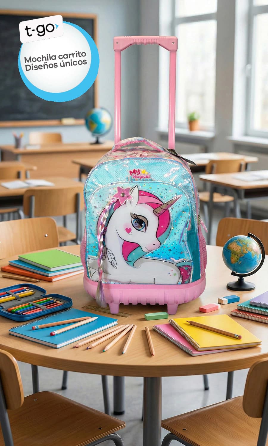 Mochila Escolar Carrito Unicornio 3D con Trenza T-Go | Base Rígida y Ruedas Silicona