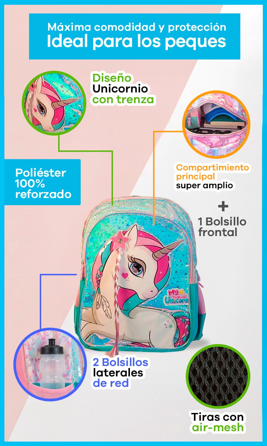 Mochila de Jardín 14" Espalda Unicornio con Trenza | T-Go