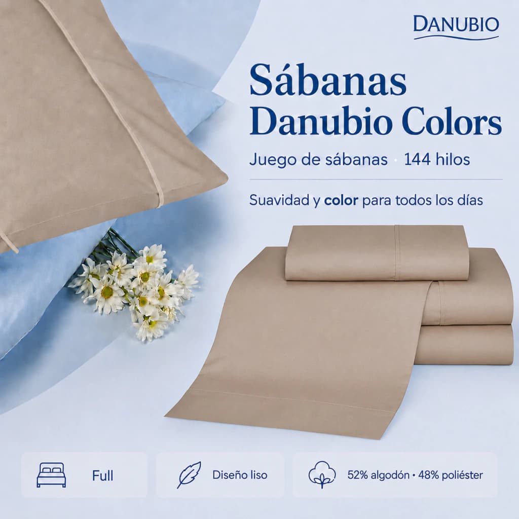 Juego de Sábanas Danubio Colors 2 Plazas 144 Hilos Algodón-Poliéster — Blanco
