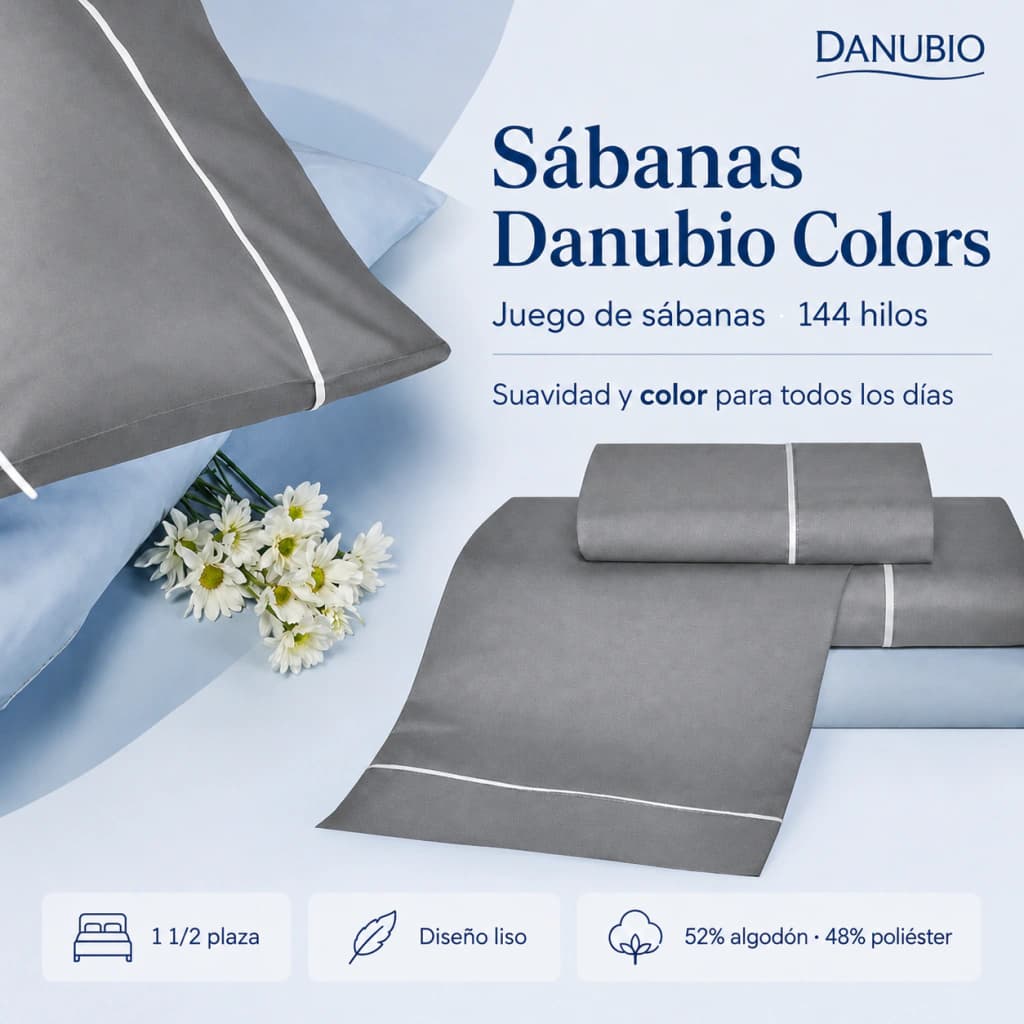 Sábanas 1½ Plaza Danubio Colors 144 Hilos – Percal Hipoalergénico — Gris