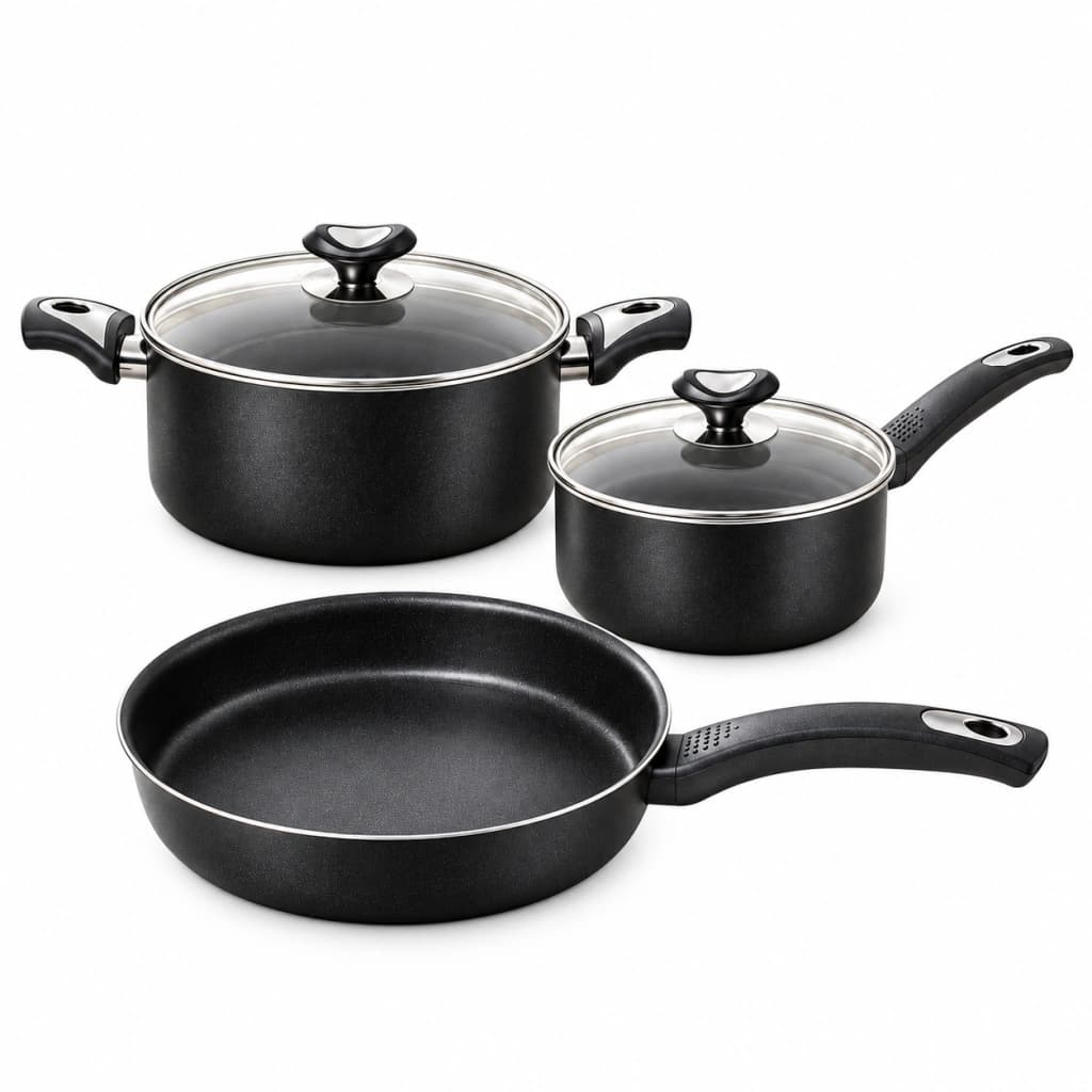 Set Batería Cocina Marmicoc 5 Piezas Antiadherente Ollas 24/20cm Sartén 2 Tapas — Negro