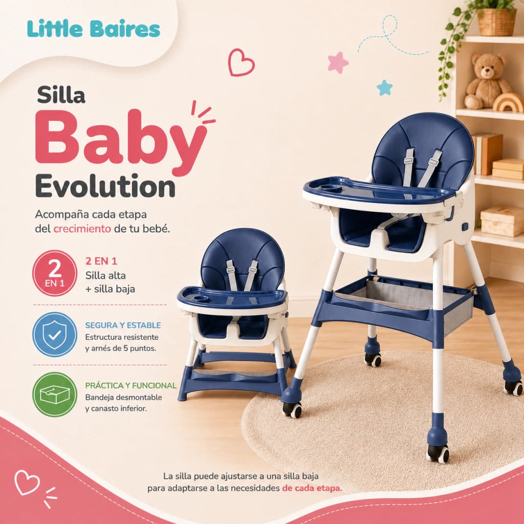 Silla de Comer 2 en 1 Bebé con Ruedas y Bandeja Ajustable — Azul