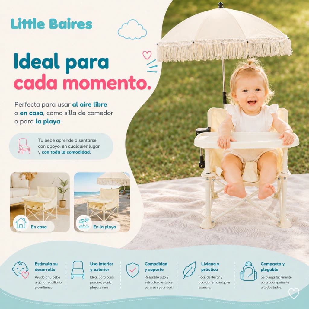 Silla de Comer Plegable para Bebé con Sombrilla | Little Baires