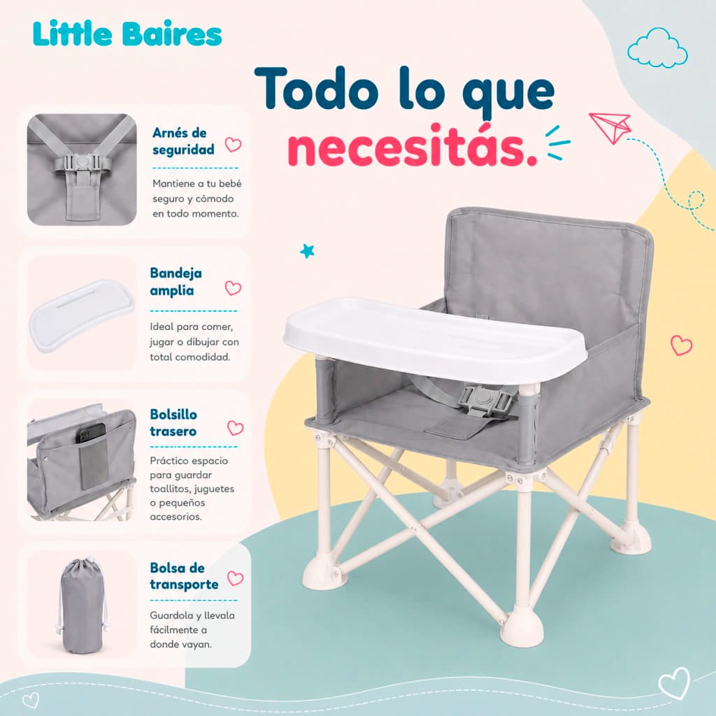 Silla de Comer Plegable Bebé Portátil con Bandeja | Little Baires — Gris