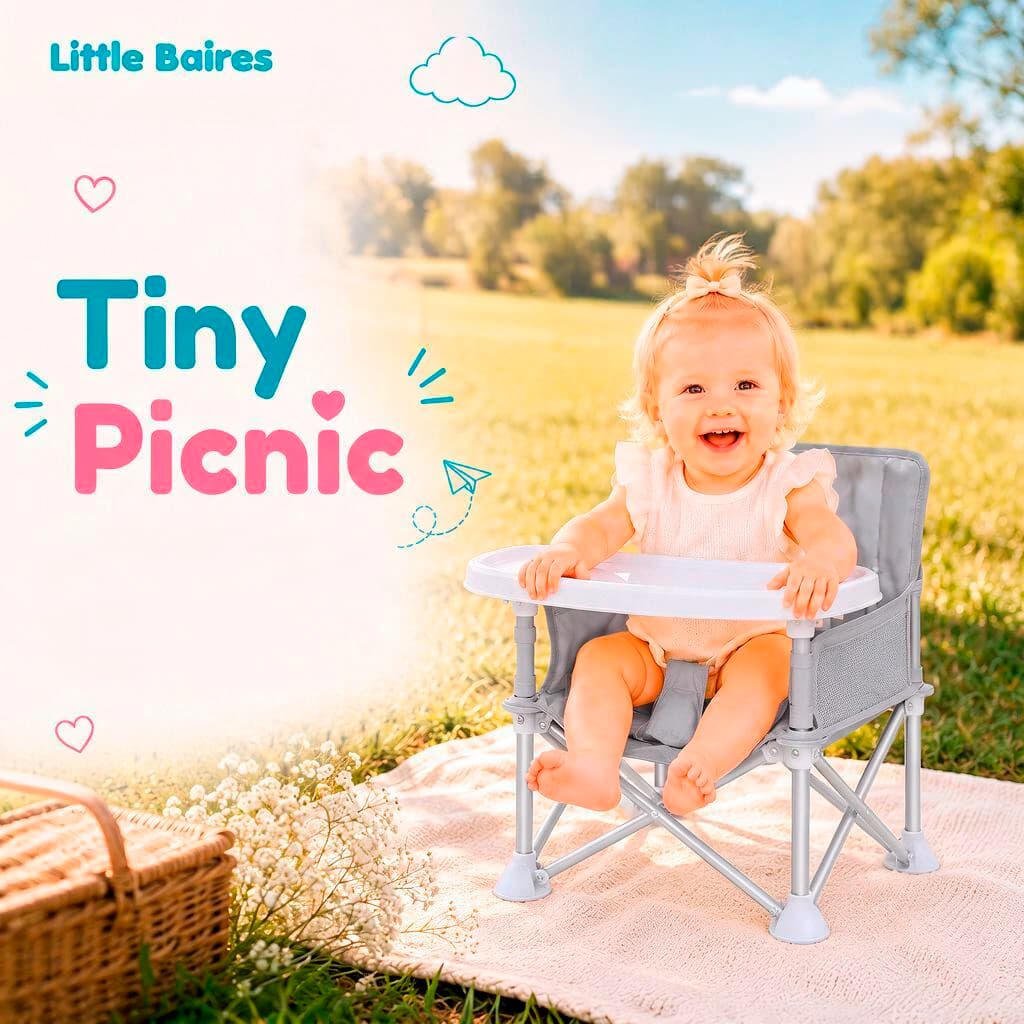 Silla de Comer Plegable Bebé Portátil con Bandeja | Little Baires — Gris