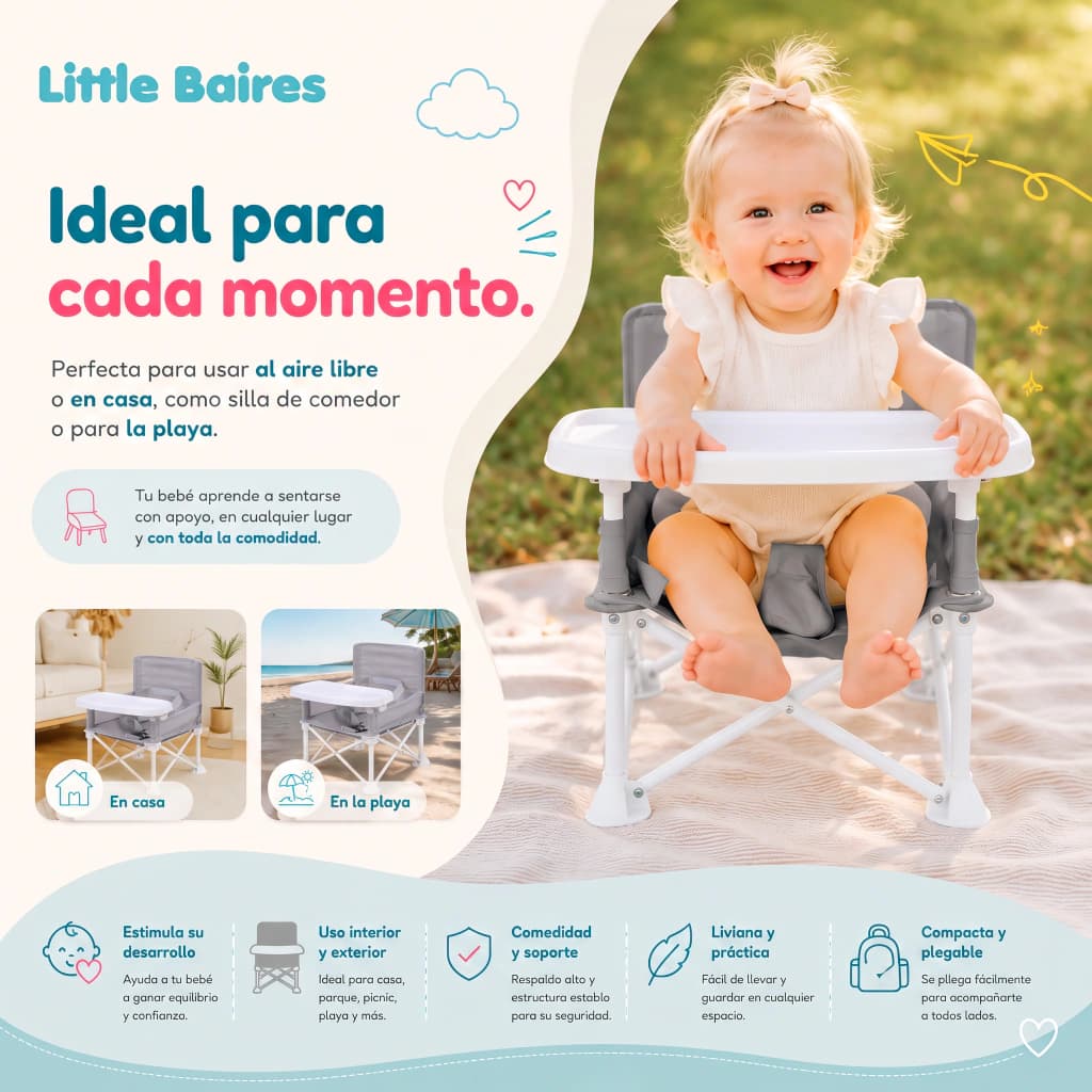 Silla de Comer Plegable Bebé Portátil con Bandeja | Little Baires — Gris