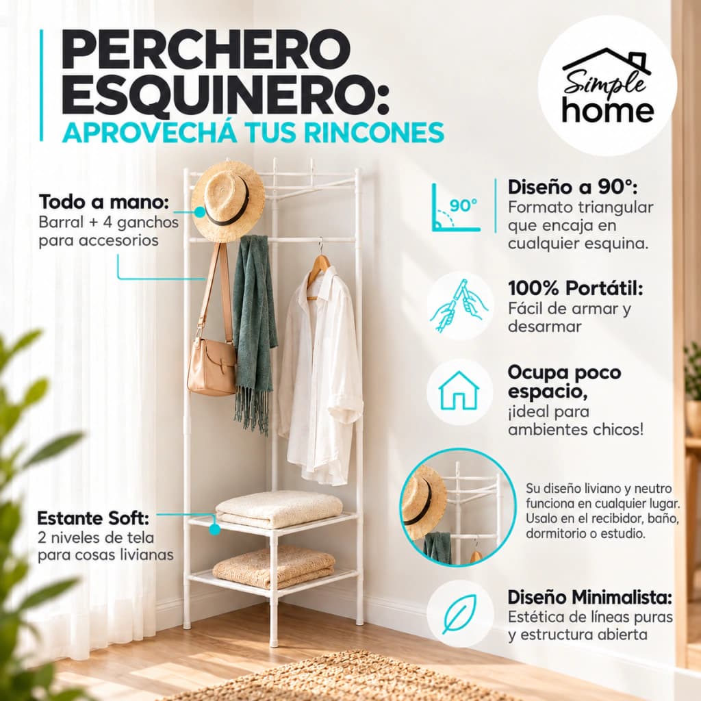 Perchero Esquinero De Pie 90° Liviano Organizador | Simple Home — Negro
