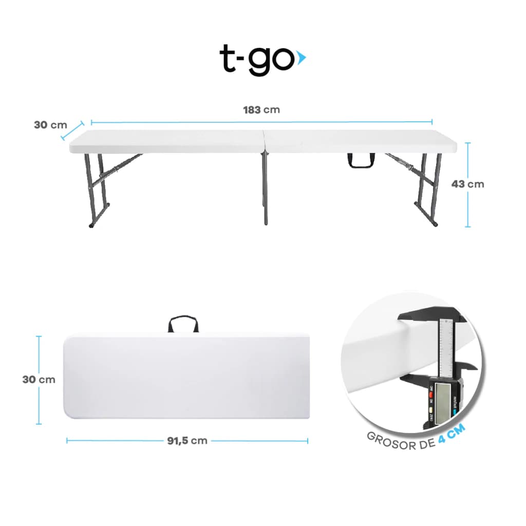 Banco Plegable 1.83 Mts T-GO de Aluminio | Soporta 200kg — Blanco
