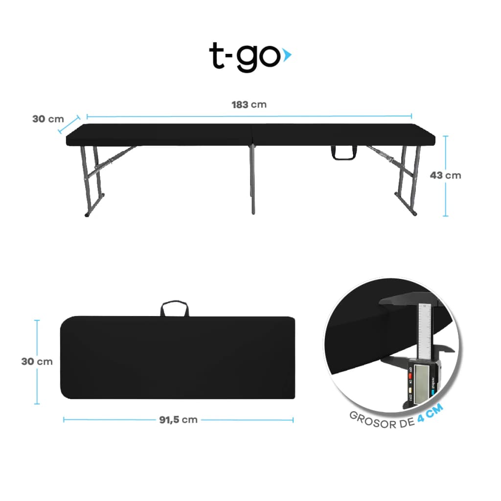 Banco Plegable 1.83 Mts T-GO de Aluminio | Soporta 200kg — Negro
