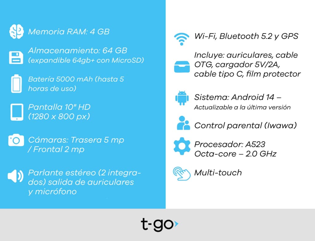 Tablet T-GO Atlas 10" Android 14 con Funda Magnética y Teclado — GRIS